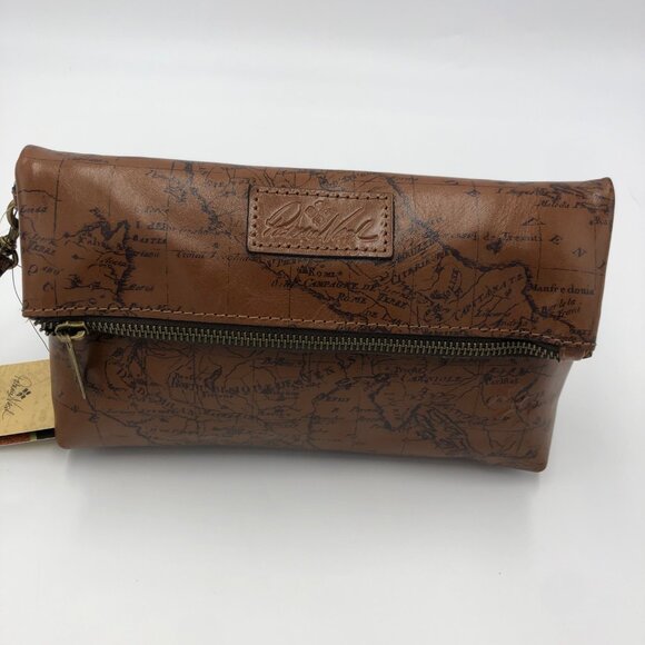Patricia Nash Valerie Riot Rust Leather Wristlet Bag With Map Print & Zipper Poc - Picture 2 of 6